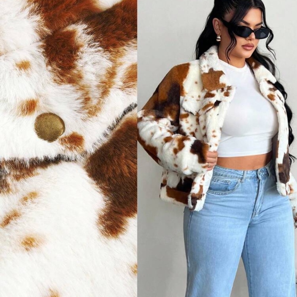 Women's Faux Fur Cow Print Jacket S 4 Warm Winter soft cozy coat western wear